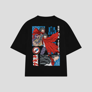 Playera streetwear premium de anime y gaming ExtraLife MX, corte boxy oversized drop shoulder heavyweight en color Deep Black y Off-White, moda urbana mexicana de culto.