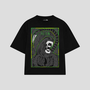 Playera streetwear premium de anime y gaming ExtraLife MX, corte boxy oversized drop shoulder heavyweight en color Deep Black y Off-White, moda urbana mexicana de culto.