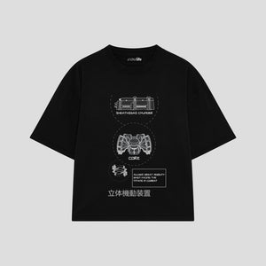 Playera streetwear premium de anime y gaming ExtraLife MX, corte boxy oversized drop shoulder heavyweight en color Deep Black y Off-White, moda urbana mexicana de culto.