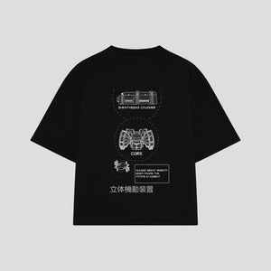 Playera streetwear premium de anime y gaming ExtraLife MX, corte boxy oversized drop shoulder heavyweight en color Deep Black y Off-White, moda urbana mexicana de culto.