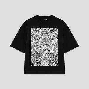 Playera streetwear premium de anime y gaming ExtraLife MX, corte boxy oversized drop shoulder heavyweight en color Deep Black y Off-White, moda urbana mexicana de culto.