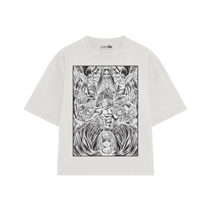Playera streetwear premium de anime y gaming ExtraLife MX, corte boxy oversized drop shoulder heavyweight en color Deep Black y Off-White, moda urbana mexicana de culto.