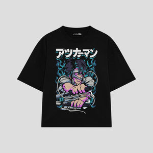 Playera streetwear premium de anime y gaming ExtraLife MX, corte boxy oversized drop shoulder heavyweight en color Deep Black y Off-White, moda urbana mexicana de culto.