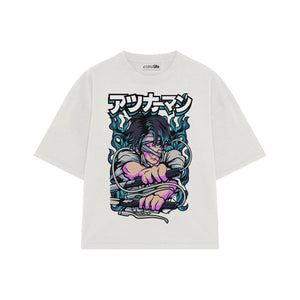 Playera streetwear premium de anime y gaming ExtraLife MX, corte boxy oversized drop shoulder heavyweight en color Deep Black y Off-White, moda urbana mexicana de culto.