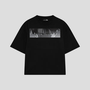 Playera streetwear premium de anime y gaming ExtraLife MX, corte boxy oversized drop shoulder heavyweight en color Deep Black y Off-White, moda urbana mexicana de culto.