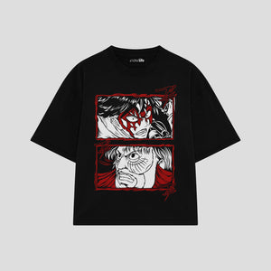Playera streetwear premium de anime y gaming ExtraLife MX, corte boxy oversized drop shoulder heavyweight en color Deep Black y Off-White, moda urbana mexicana de culto.