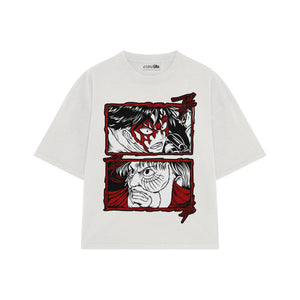 Playera streetwear premium de anime y gaming ExtraLife MX, corte boxy oversized drop shoulder heavyweight en color Deep Black y Off-White, moda urbana mexicana de culto.