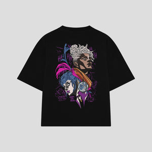 Playera streetwear premium de anime y gaming ExtraLife MX, corte boxy oversized drop shoulder heavyweight en color Deep Black y Off-White, moda urbana mexicana de culto.
