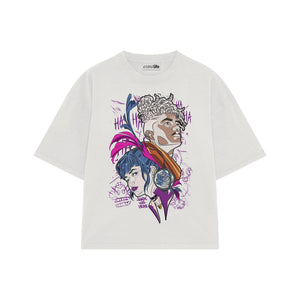 Playera streetwear premium de anime y gaming ExtraLife MX, corte boxy oversized drop shoulder heavyweight en color Deep Black y Off-White, moda urbana mexicana de culto.