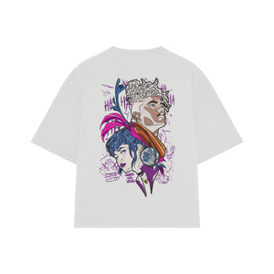 Playera streetwear premium de anime y gaming ExtraLife MX, corte boxy oversized drop shoulder heavyweight en color Deep Black y Off-White, moda urbana mexicana de culto.