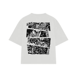 Playera streetwear premium de anime y gaming ExtraLife MX, corte boxy oversized drop shoulder heavyweight en color Deep Black y Off-White, moda urbana mexicana de culto.