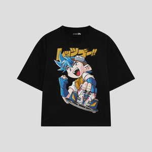 Playera streetwear premium de anime y gaming ExtraLife MX, corte boxy oversized drop shoulder heavyweight en color Deep Black y Off-White, moda urbana mexicana de culto.