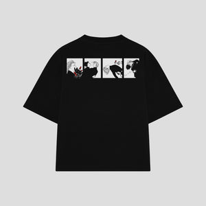 Playera streetwear premium de anime y gaming ExtraLife MX, corte boxy oversized drop shoulder heavyweight en color Deep Black y Off-White, moda urbana mexicana de culto.