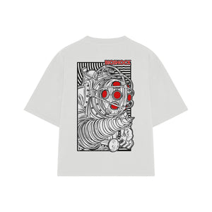 Playera streetwear premium de anime y gaming ExtraLife MX, corte boxy oversized drop shoulder heavyweight en color Deep Black y Off-White, moda urbana mexicana de culto.