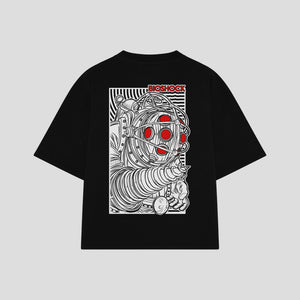 Playera streetwear premium de anime y gaming ExtraLife MX, corte boxy oversized drop shoulder heavyweight en color Deep Black y Off-White, moda urbana mexicana de culto.