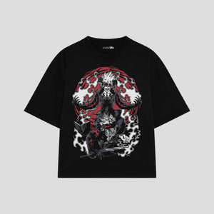Playera streetwear premium de anime y gaming ExtraLife MX, corte boxy oversized drop shoulder heavyweight en color Deep Black y Off-White, moda urbana mexicana de culto.