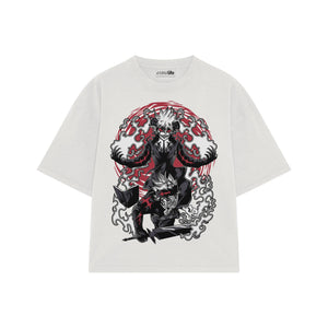 Playera streetwear premium de anime y gaming ExtraLife MX, corte boxy oversized drop shoulder heavyweight en color Deep Black y Off-White, moda urbana mexicana de culto.