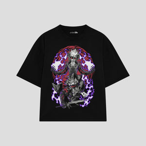 Playera streetwear premium de anime y gaming ExtraLife MX, corte boxy oversized drop shoulder heavyweight en color Deep Black y Off-White, moda urbana mexicana de culto.