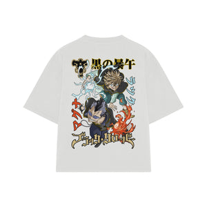 Playera streetwear premium de anime y gaming ExtraLife MX, corte boxy oversized drop shoulder heavyweight en color Deep Black y Off-White, moda urbana mexicana de culto.