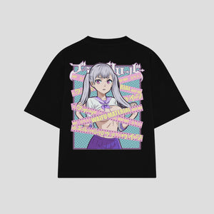 Playera streetwear premium de anime y gaming ExtraLife MX, corte boxy oversized drop shoulder heavyweight en color Deep Black y Off-White, moda urbana mexicana de culto.