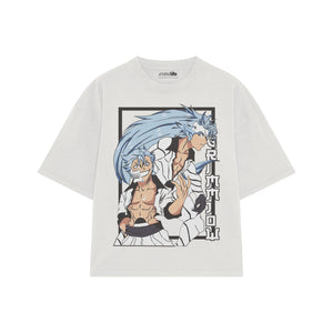 Playera streetwear premium de anime y gaming ExtraLife MX, corte boxy oversized drop shoulder heavyweight en color Deep Black y Off-White, moda urbana mexicana de culto.