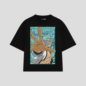 Playera streetwear premium de anime y gaming ExtraLife MX, corte boxy oversized drop shoulder heavyweight en color Deep Black y Off-White, moda urbana mexicana de culto.
