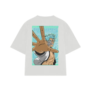 Playera streetwear premium de anime y gaming ExtraLife MX, corte boxy oversized drop shoulder heavyweight en color Deep Black y Off-White, moda urbana mexicana de culto.