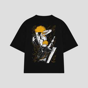 Playera streetwear premium de anime y gaming ExtraLife MX, corte boxy oversized drop shoulder heavyweight en color Deep Black y Off-White, moda urbana mexicana de culto.