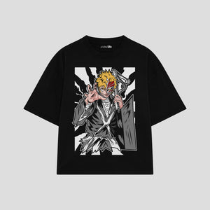 Playera streetwear premium de anime y gaming ExtraLife MX, corte boxy oversized drop shoulder heavyweight en color Deep Black y Off-White, moda urbana mexicana de culto.