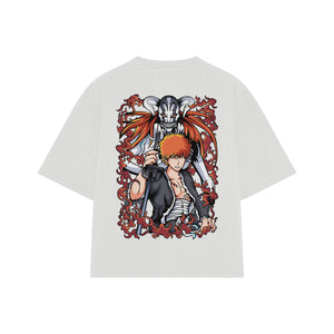 Playera streetwear premium de anime y gaming ExtraLife MX, corte boxy oversized drop shoulder heavyweight en color Deep Black y Off-White, moda urbana mexicana de culto.