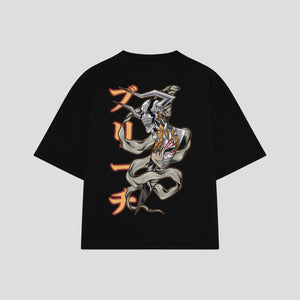 Playera streetwear premium de anime y gaming ExtraLife MX, corte boxy oversized drop shoulder heavyweight en color Deep Black y Off-White, moda urbana mexicana de culto.