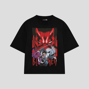 Playera streetwear premium de anime y gaming ExtraLife MX, corte boxy oversized drop shoulder heavyweight en color Deep Black y Off-White, moda urbana mexicana de culto.