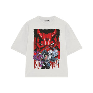 Playera streetwear premium de anime y gaming ExtraLife MX, corte boxy oversized drop shoulder heavyweight en color Deep Black y Off-White, moda urbana mexicana de culto.