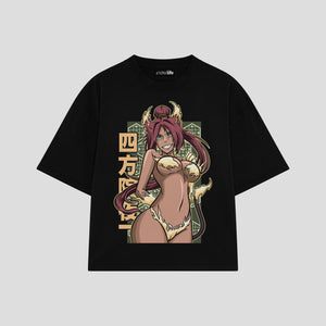 Playera streetwear premium de anime y gaming ExtraLife MX, corte boxy oversized drop shoulder heavyweight en color Deep Black y Off-White, moda urbana mexicana de culto.