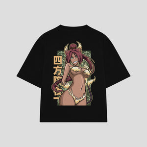 Playera streetwear premium de anime y gaming ExtraLife MX, corte boxy oversized drop shoulder heavyweight en color Deep Black y Off-White, moda urbana mexicana de culto.