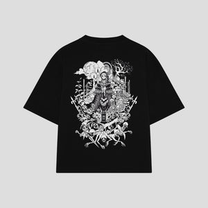 Playera streetwear premium de anime y gaming ExtraLife MX, corte boxy oversized drop shoulder heavyweight en color Deep Black y Off-White, moda urbana mexicana de culto.