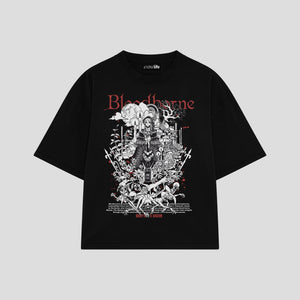 Playera streetwear premium de anime y gaming ExtraLife MX, corte boxy oversized drop shoulder heavyweight en color Deep Black y Off-White, moda urbana mexicana de culto.