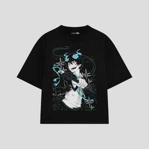 Playera streetwear premium de anime y gaming ExtraLife MX, corte boxy oversized drop shoulder heavyweight en color Deep Black y Off-White, moda urbana mexicana de culto.