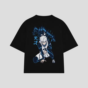 Playera streetwear premium de anime y gaming ExtraLife MX, corte boxy oversized drop shoulder heavyweight en color Deep Black y Off-White, moda urbana mexicana de culto.