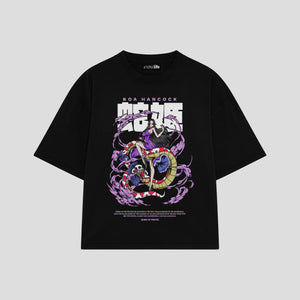 Playera streetwear premium de anime y gaming ExtraLife MX, corte boxy oversized drop shoulder heavyweight en color Deep Black y Off-White, moda urbana mexicana de culto.