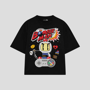 Playera streetwear premium de anime y gaming ExtraLife MX, corte boxy oversized drop shoulder heavyweight en color Deep Black y Off-White, moda urbana mexicana de culto.