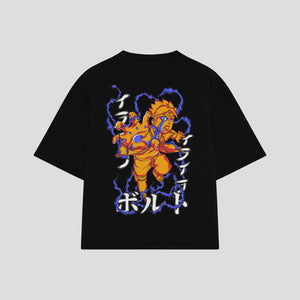 Playera streetwear premium de anime y gaming ExtraLife MX, corte boxy oversized drop shoulder heavyweight en color Deep Black y Off-White, moda urbana mexicana de culto.