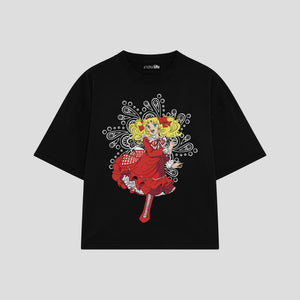 Playera streetwear premium de anime y gaming ExtraLife MX, corte boxy oversized drop shoulder heavyweight en color Deep Black y Off-White, moda urbana mexicana de culto.