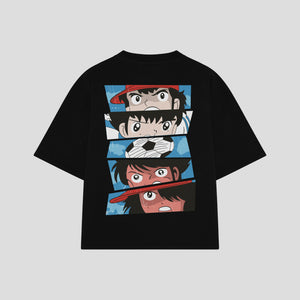 Playera streetwear premium de anime y gaming ExtraLife MX, corte boxy oversized drop shoulder heavyweight en color Deep Black y Off-White, moda urbana mexicana de culto.