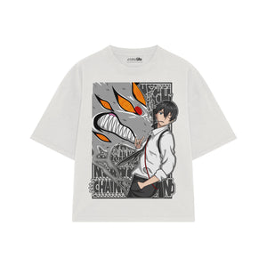 Playera streetwear premium de anime y gaming ExtraLife MX, corte boxy oversized drop shoulder heavyweight en color Deep Black y Off-White, moda urbana mexicana de culto.