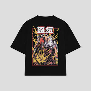 Playera streetwear premium de anime y gaming ExtraLife MX, corte boxy oversized drop shoulder heavyweight en color Deep Black y Off-White, moda urbana mexicana de culto.