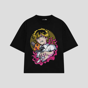 Playera streetwear premium de anime y gaming ExtraLife MX, corte boxy oversized drop shoulder heavyweight en color Deep Black y Off-White, moda urbana mexicana de culto.