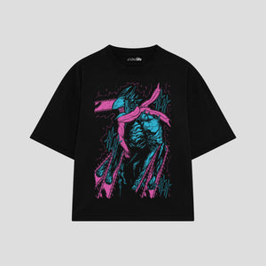 Playera streetwear premium de anime y gaming ExtraLife MX, corte boxy oversized drop shoulder heavyweight en color Deep Black y Off-White, moda urbana mexicana de culto.