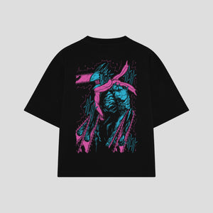Playera streetwear premium de anime y gaming ExtraLife MX, corte boxy oversized drop shoulder heavyweight en color Deep Black y Off-White, moda urbana mexicana de culto.