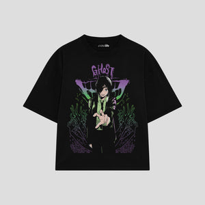 Playera streetwear premium de anime y gaming ExtraLife MX, corte boxy oversized drop shoulder heavyweight en color Deep Black y Off-White, moda urbana mexicana de culto.
